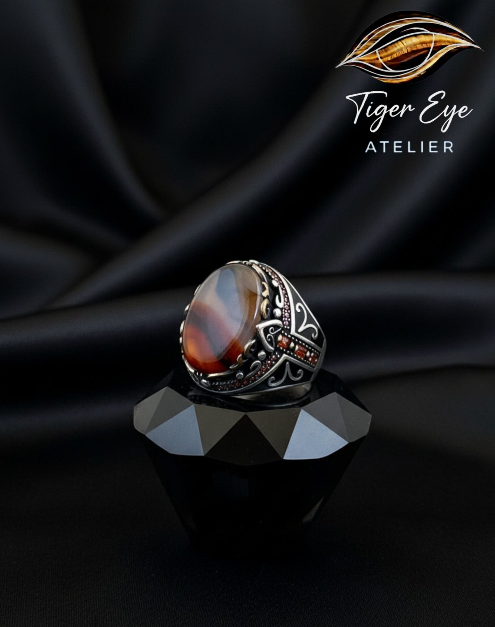 Turkish Artisan Ring with Illustrated Yemeni Agate - The Dignity Ring turkish artisan sterling silver ring with illustrated yemeni agate the dignity ring