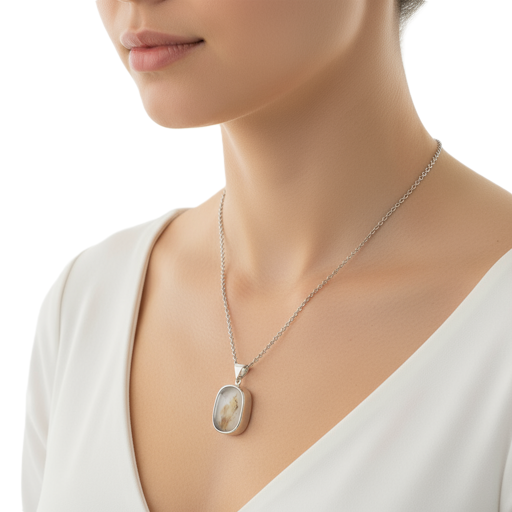 Ghostly Plume Yemeni Aqeeq Sterling Silver Necklace (White & Caramel) smoky gradient yemeni agate (aqeeq) sterling silver necklace