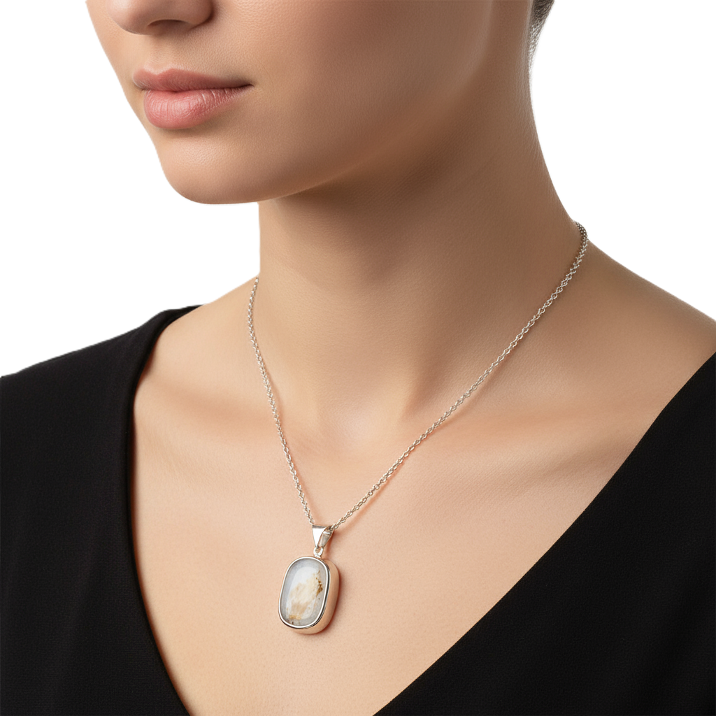 Ghostly Plume Yemeni Aqeeq Sterling Silver Necklace (White & Caramel) smoky gradient yemeni agate (aqeeq) sterling silver necklace