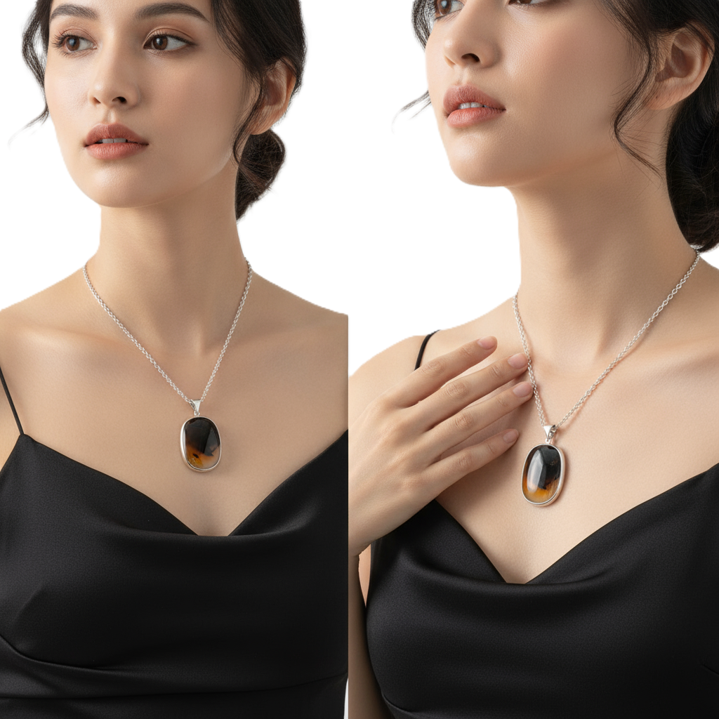 Dramatic Black & Gold Cloudscape Yemeni Aqeeq Sterling Silver Necklace yemeni aqeeq necklace: 'horizon' agate with black plumes in sterling silver