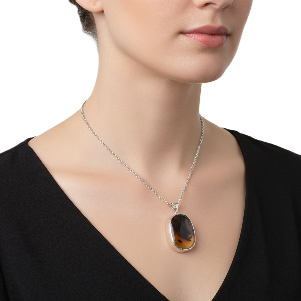 Dramatic Black & Gold Cloudscape Yemeni Aqeeq Sterling Silver Necklace yemeni aqeeq necklace: 'horizon' agate with black plumes in sterling silver